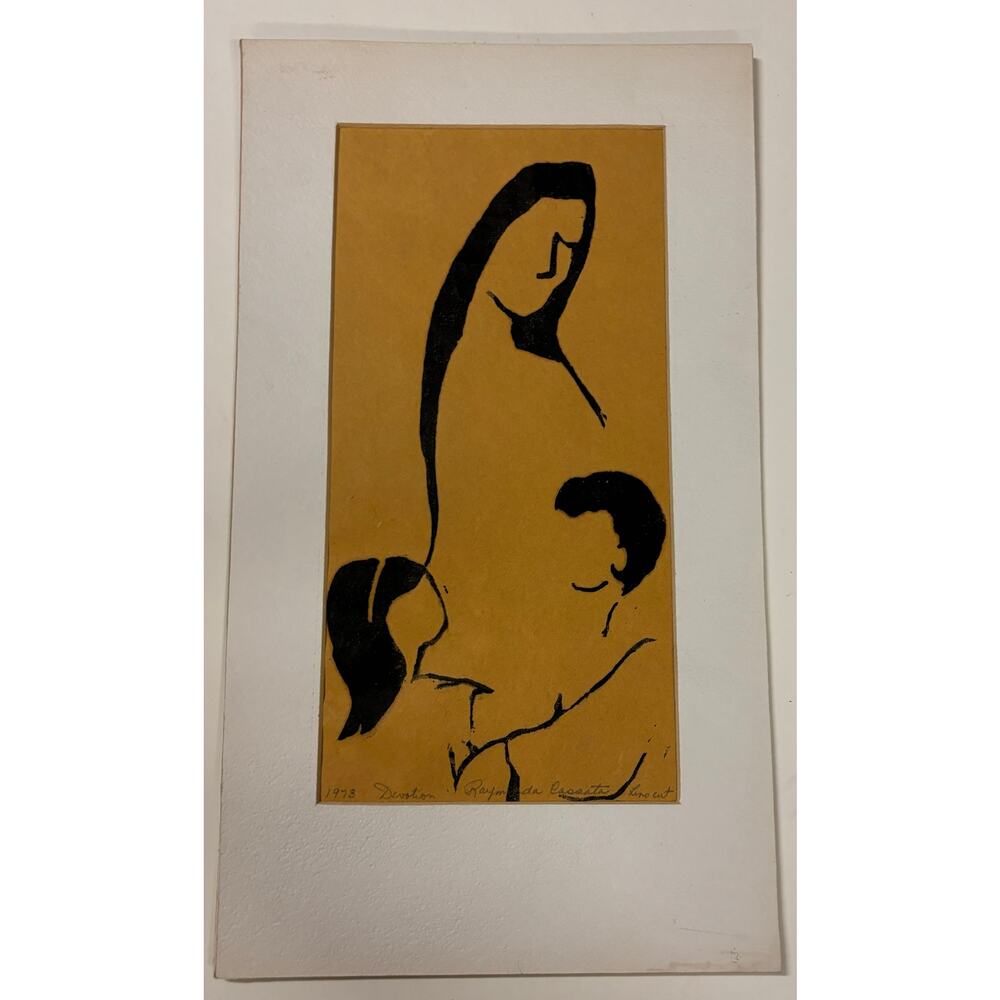 Vintage mid century linoleum block print art family￼